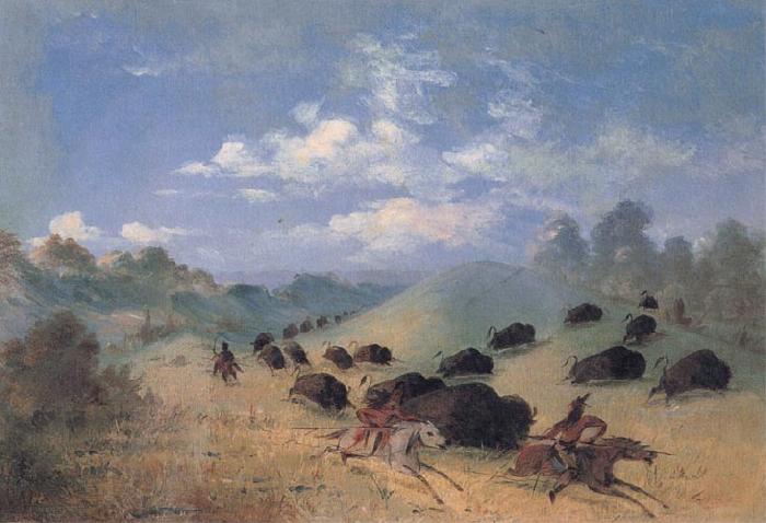 George Catlin Comanche Indians Chasing Buffalo with Lances and Bows France oil painting art